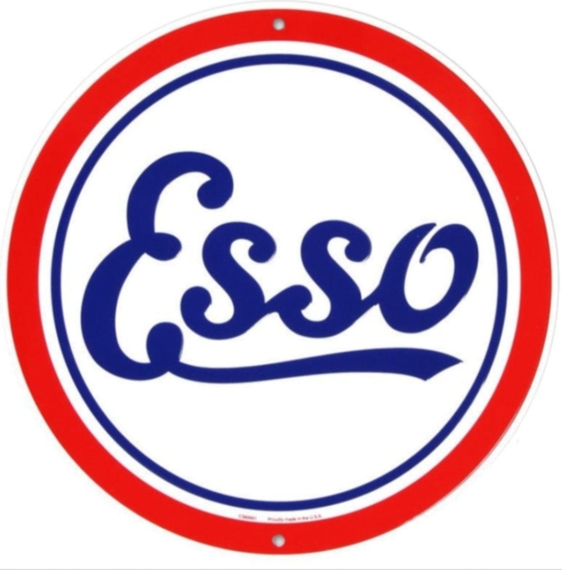 Esso embossed aluminum round metal sign featuring the classic red, blue, and white Esso gas and oil logo, available in 12 inch and 24 inch diameter.