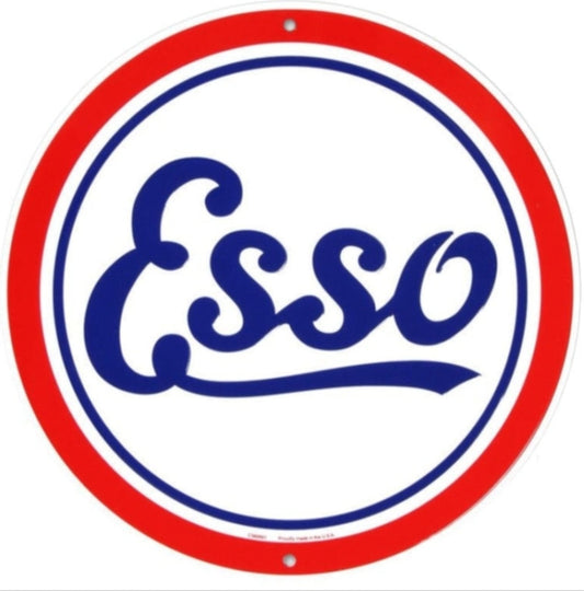 Esso embossed aluminum round metal sign featuring the classic red, blue, and white Esso gas and oil logo, available in 12 inch and 24 inch diameter.