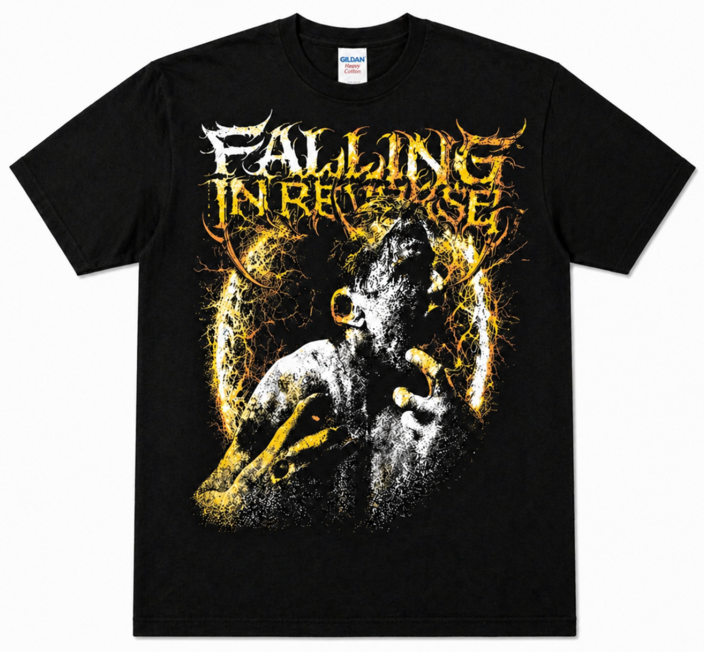 Falling In Reverse screaming face band T-shirt black white yellow design unisex sizes S–2XL