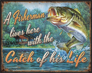 New "A Fisherman Lives Here" Man Cave, Shop Metal Sign. 16"W x 12.5"H.