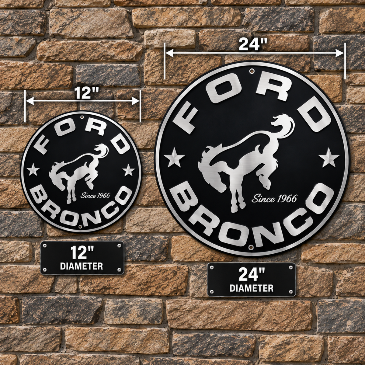 Ford Bronco embossed round aluminum sign featuring the bucking Bronco emblem and Since 1966 design, available in 12" and 24" diameters.