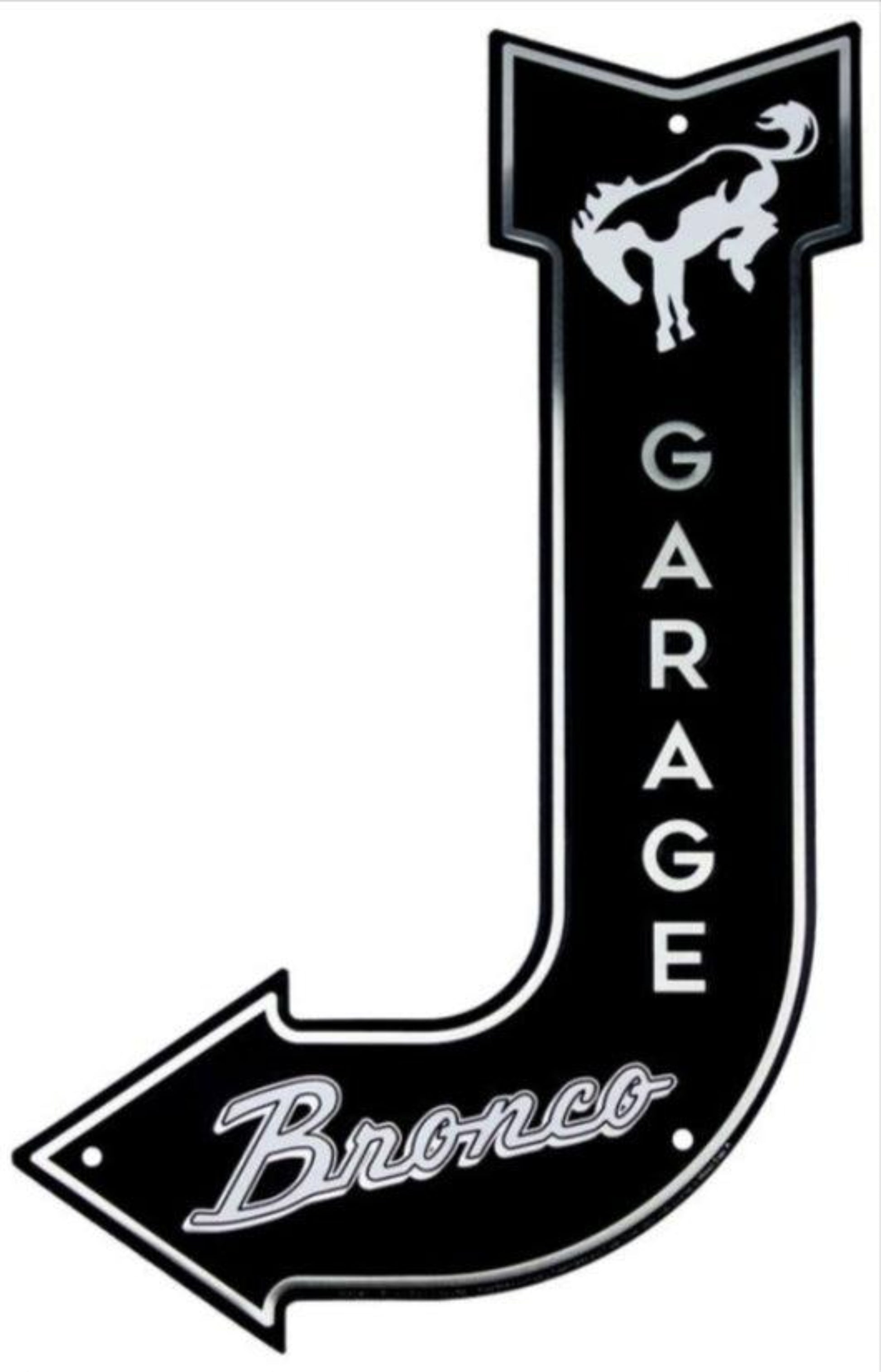 Ford Bronco embossed aluminum garage bent arrow sign featuring bucking Bronco emblem, 17.5 inch height by 11.5 inch width.