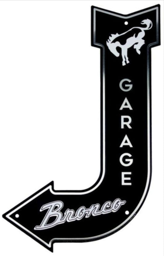 Ford Bronco embossed aluminum garage bent arrow sign featuring bucking Bronco emblem, 17.5 inch height by 11.5 inch width.