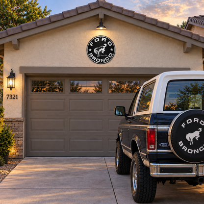 Ford Bronco round metal sign displayed inside a Bronco garage beside a Ford Bronco, tool chest, and garage storage cabinets.