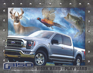 New "Ford F-150 Work Hard - Play Hard" Man Cave Wall Decor Metal Sign. 16"W x 12.5"H.