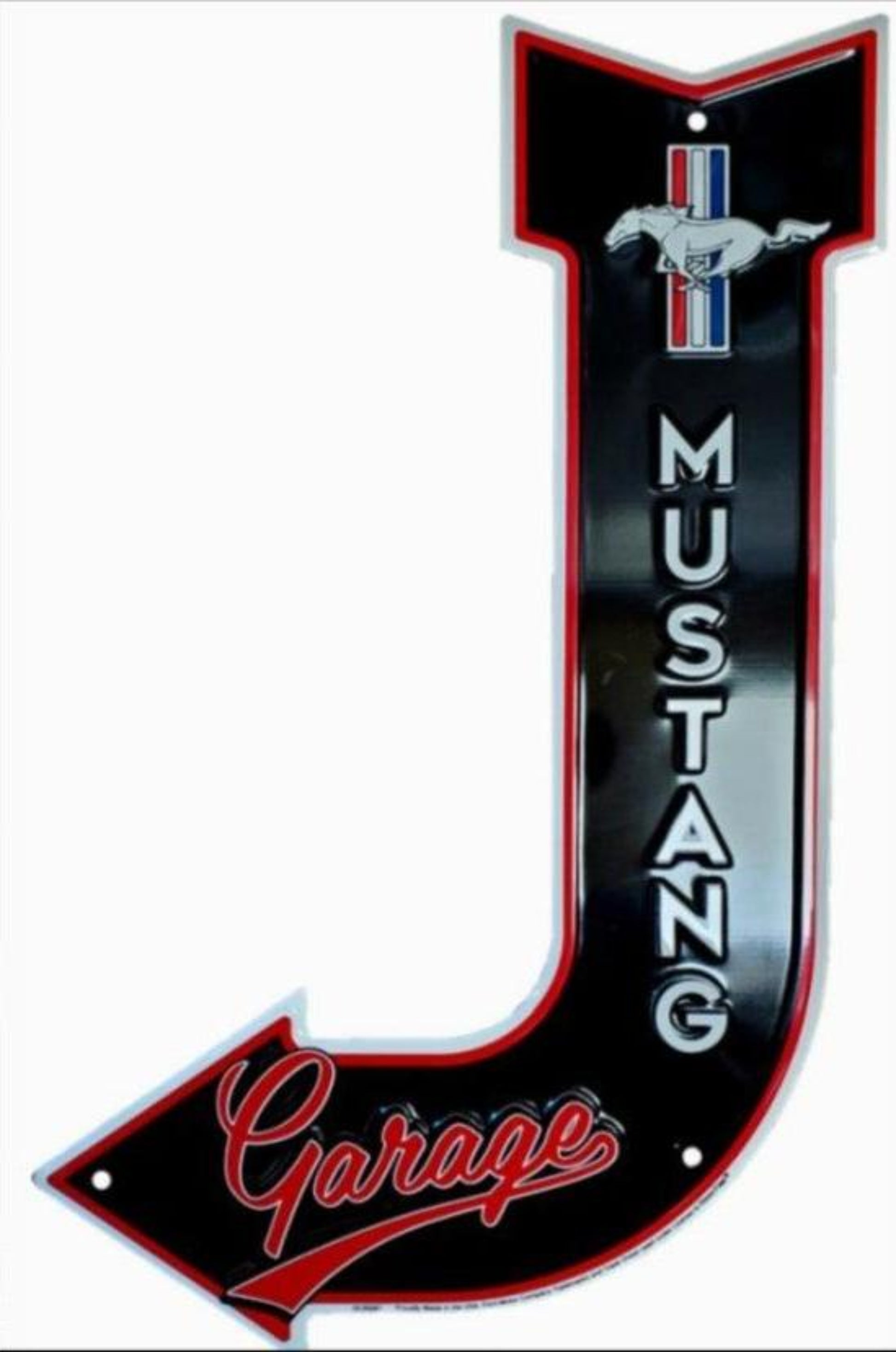 Ford Mustang embossed aluminum bent arrow garage sign featuring the running pony emblem, 17.5 inch height by 11.5 inch width.