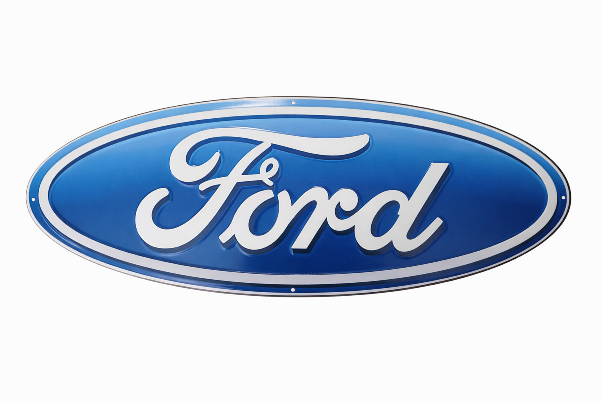 Ford oval logo embossed aluminum sign in blue and white, 20" W x 8" H.