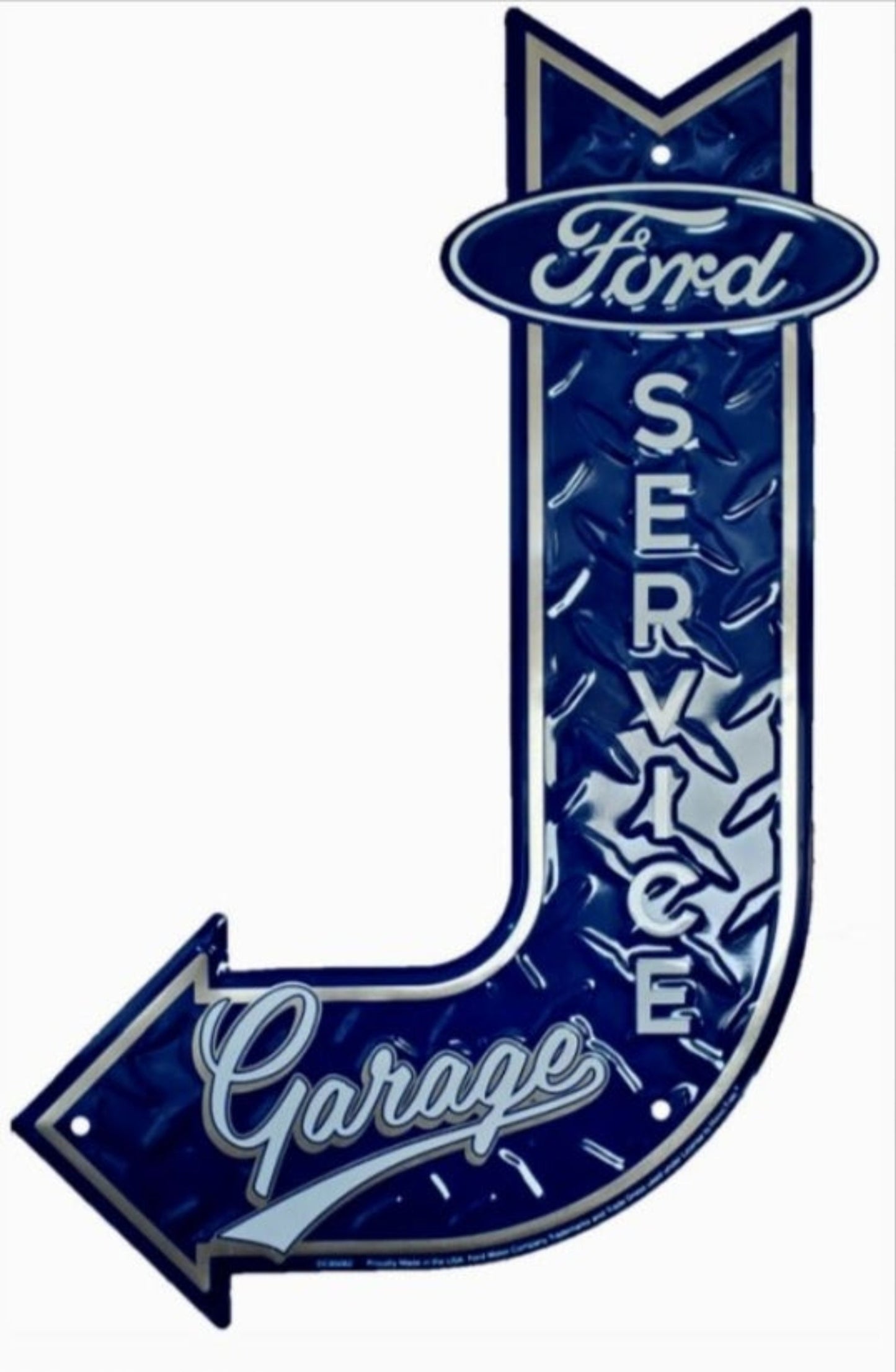 Ford Service Garage bent arrow embossed aluminum sign featuring classic Ford branding, 17.5 inch by 11.5 inch.
