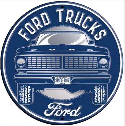Ford Trucks embossed round aluminum sign featuring a fifth-generation 1972 Ford F-Series pickup illustration, available in 12 inch and 24 inch diameter.
