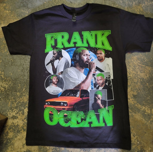 Black “Frank Ocean – Green Collage” T-shirt featuring a colorful collage portrait design with bold green lettering and retro styling.
