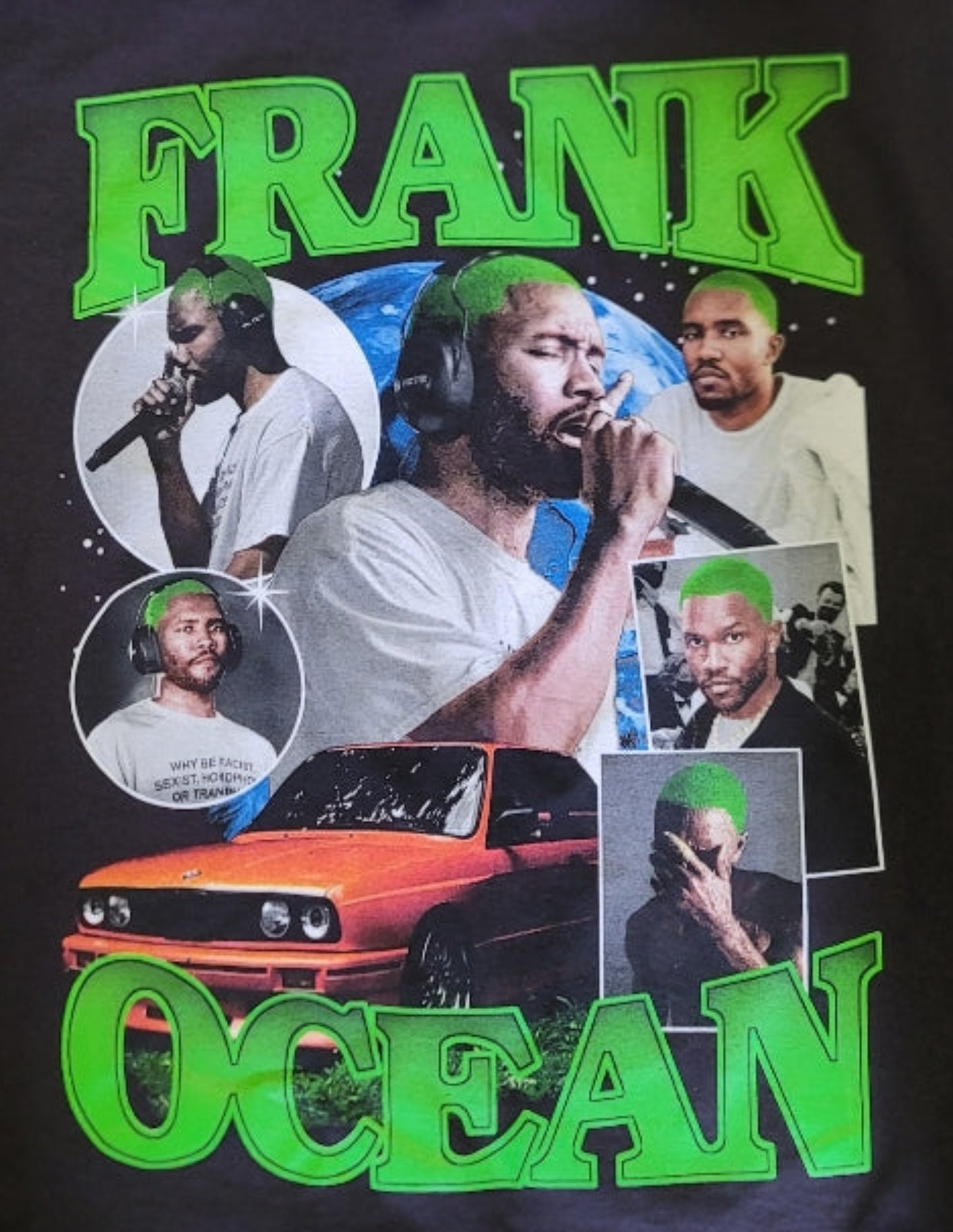 Black “Frank Ocean – Green Collage” T-shirt featuring a colorful collage portrait design with bold green lettering and retro styling.
