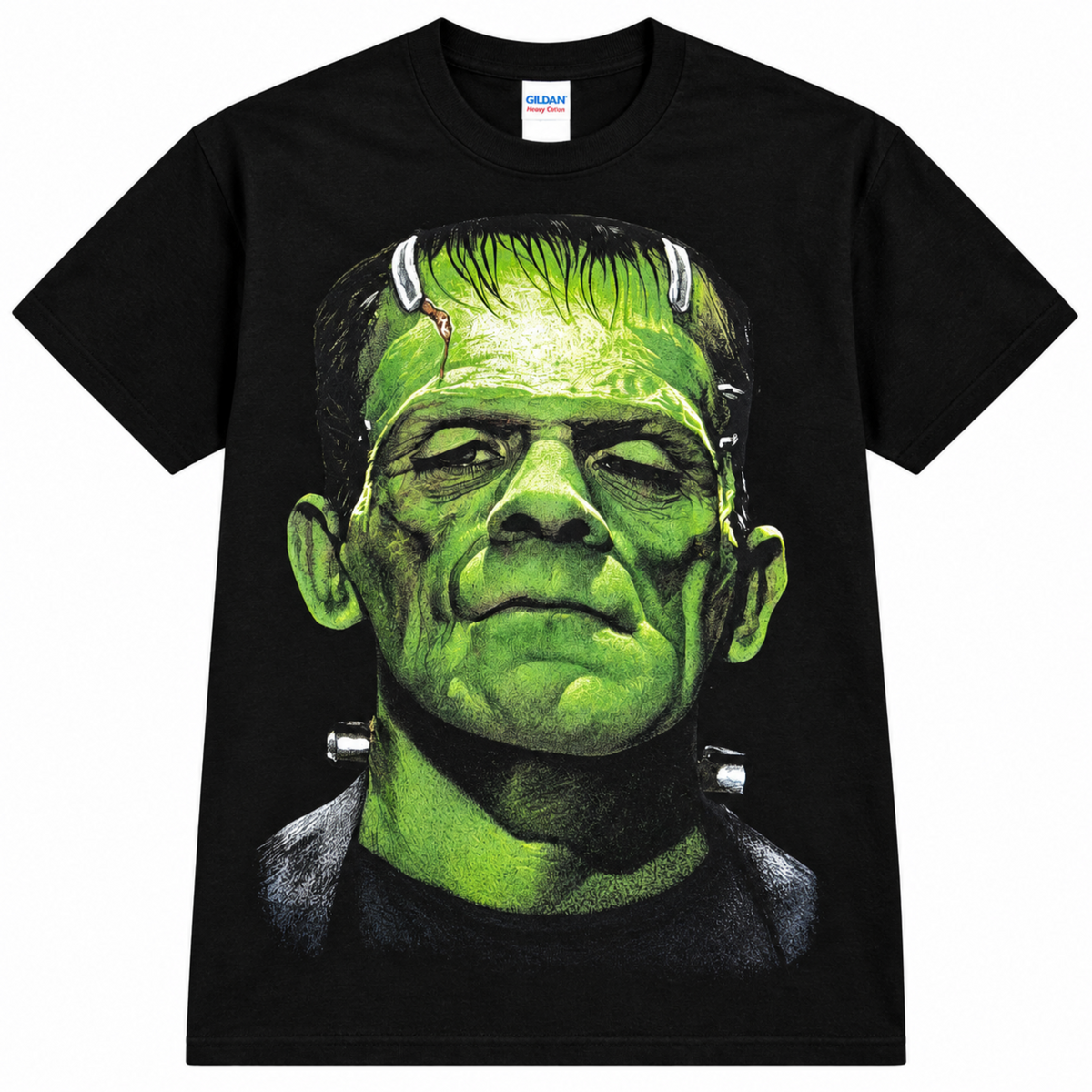 Black Frankenstein T-shirt featuring an oversized green monster face with scars, neck bolts and dark shadows—a standout design for classic horror fans.