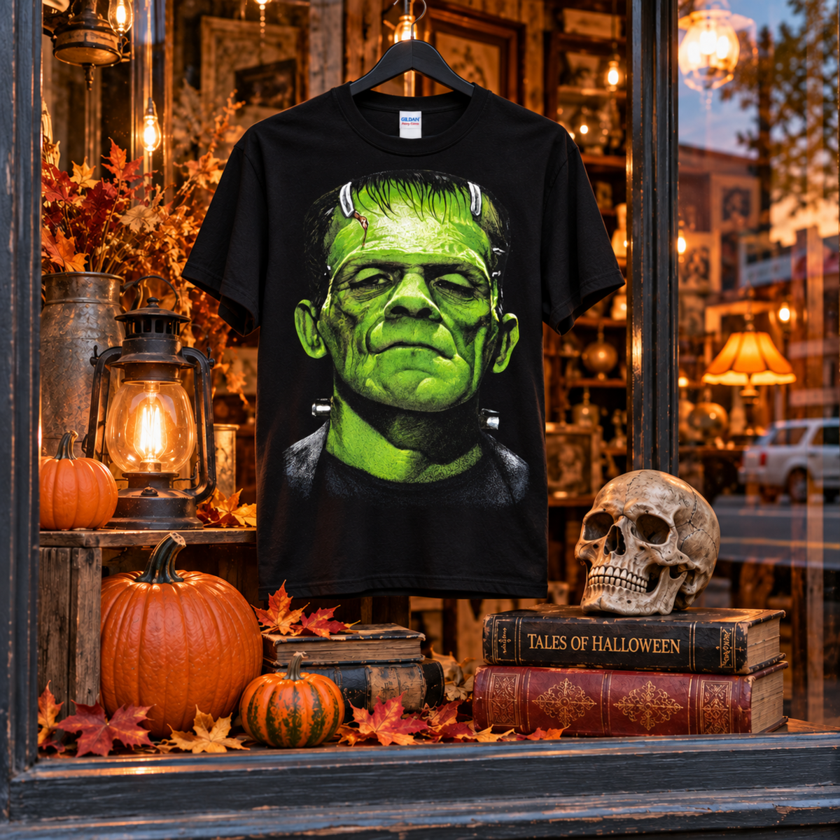 Frankenstein Monster Face black T-shirt displayed with pumpkins and Halloween décor, featuring the oversized green portrait and classic monster details.