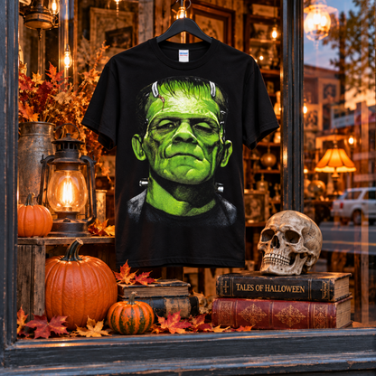 Frankenstein Monster Face black T-shirt displayed with pumpkins and Halloween décor, featuring the oversized green portrait and classic monster details.