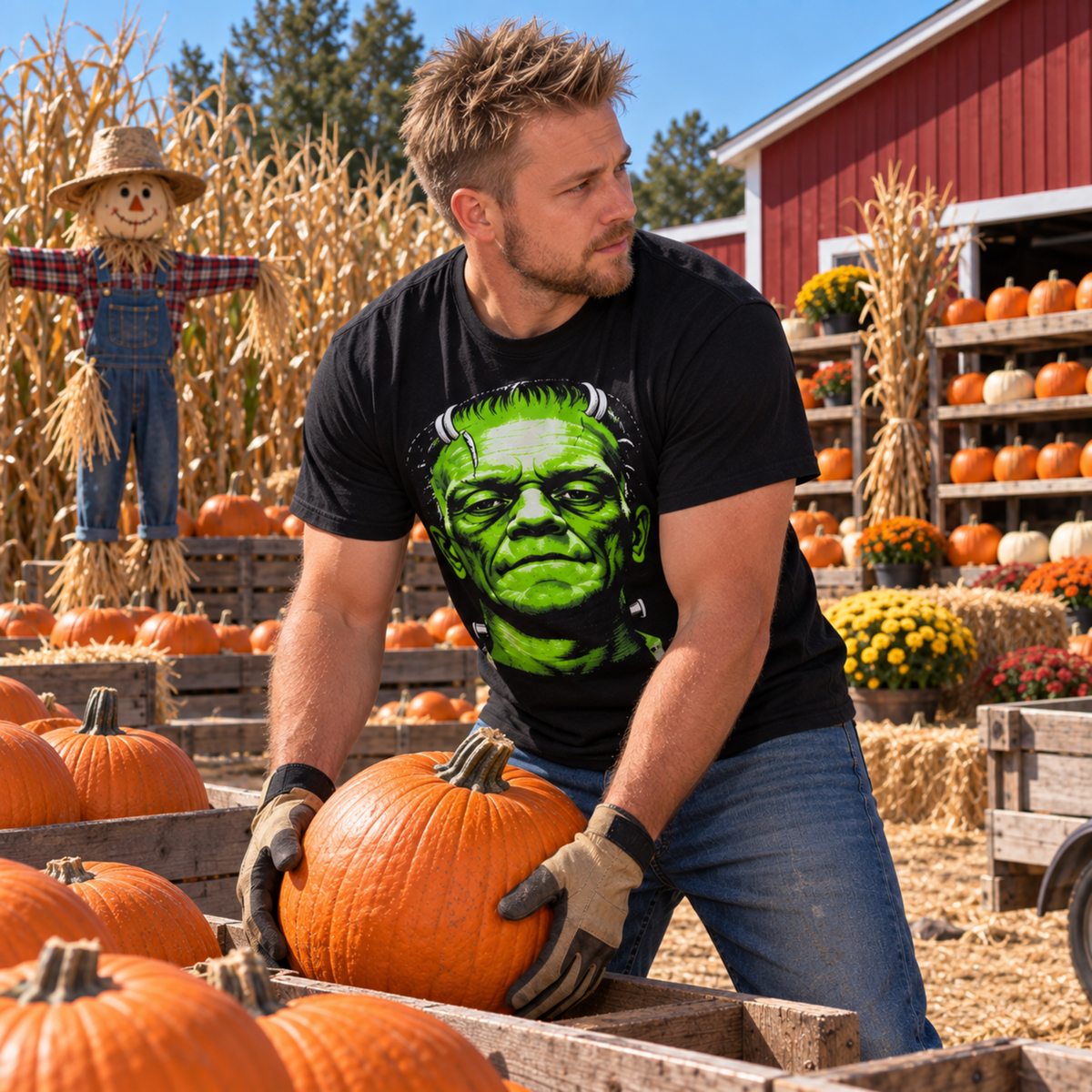 Man wearing the Frankenstein Monster Face black T-shirt at a pumpkin patch, featuring the oversized green portrait—a strong pick for classic horror fans.