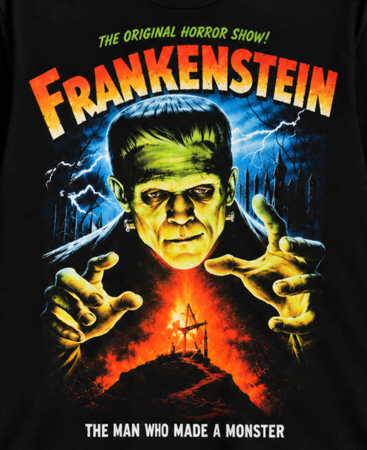 Close-up of the black Frankenstein T-shirt with the green monster, blue lightning, The Original Horror Story and The Man Who Made a Monster lettering.