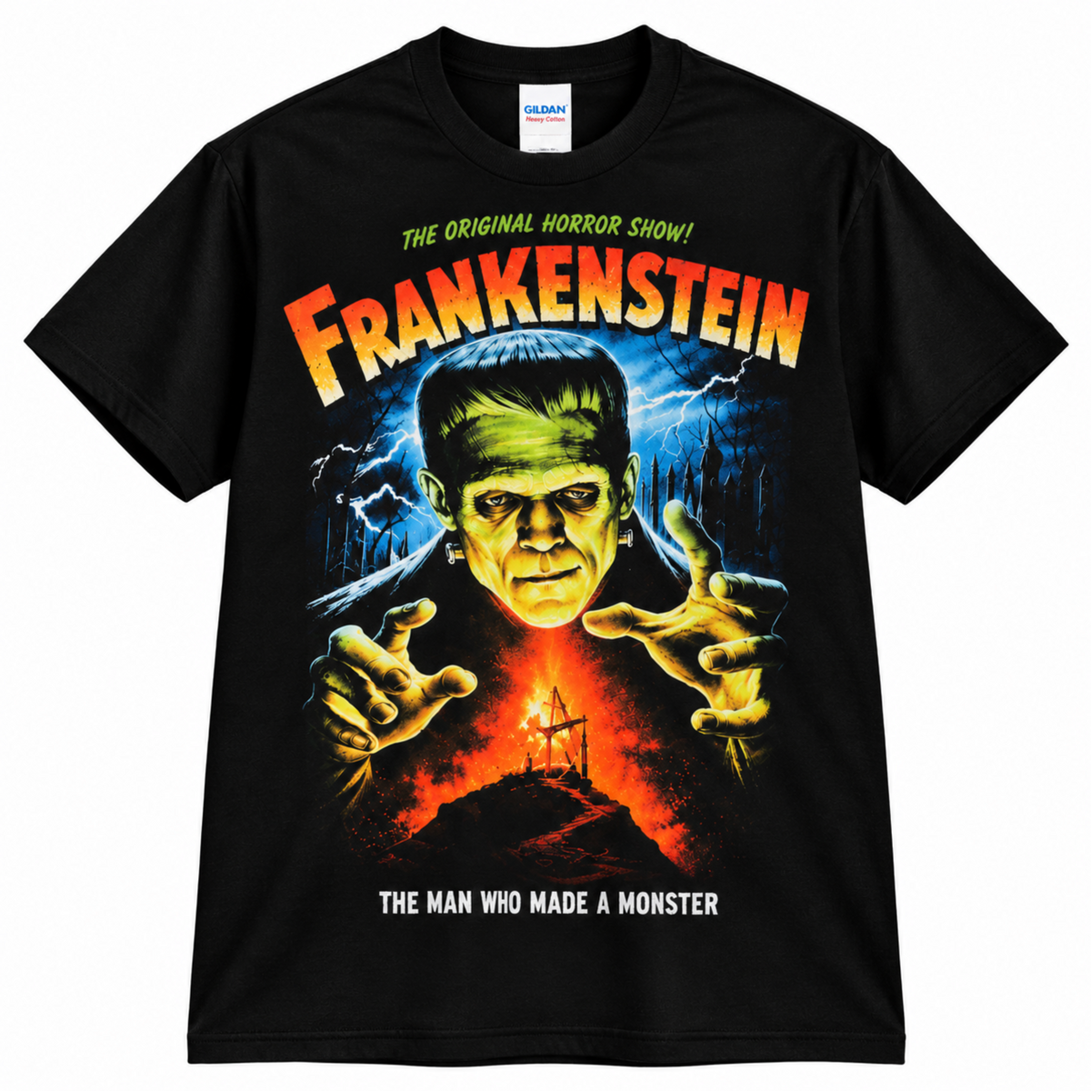 Black Frankenstein T-shirt featuring the classic green monster, blue lightning and The Man Who Made a Monster artwork—a standout shirt for horror fans.