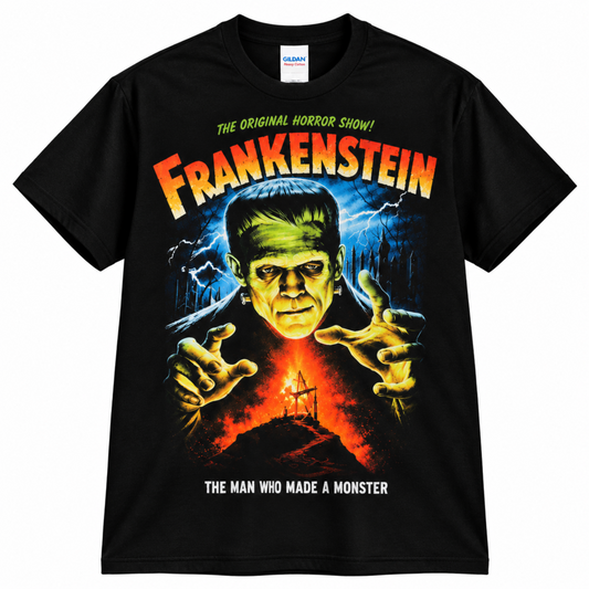Black Frankenstein T-shirt featuring the classic green monster, blue lightning and The Man Who Made a Monster artwork—a standout shirt for horror fans.