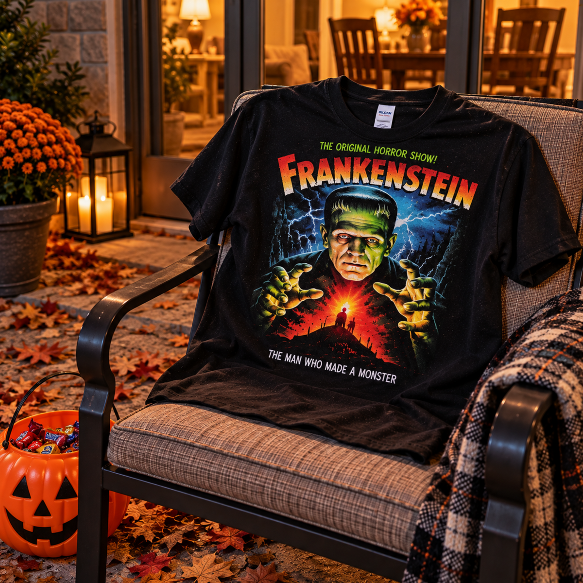 Black Frankenstein T-shirt displayed on a patio chair with fall leaves, candles and a jack-o'-lantern candy bucket—a standout shirt for classic horror fans.