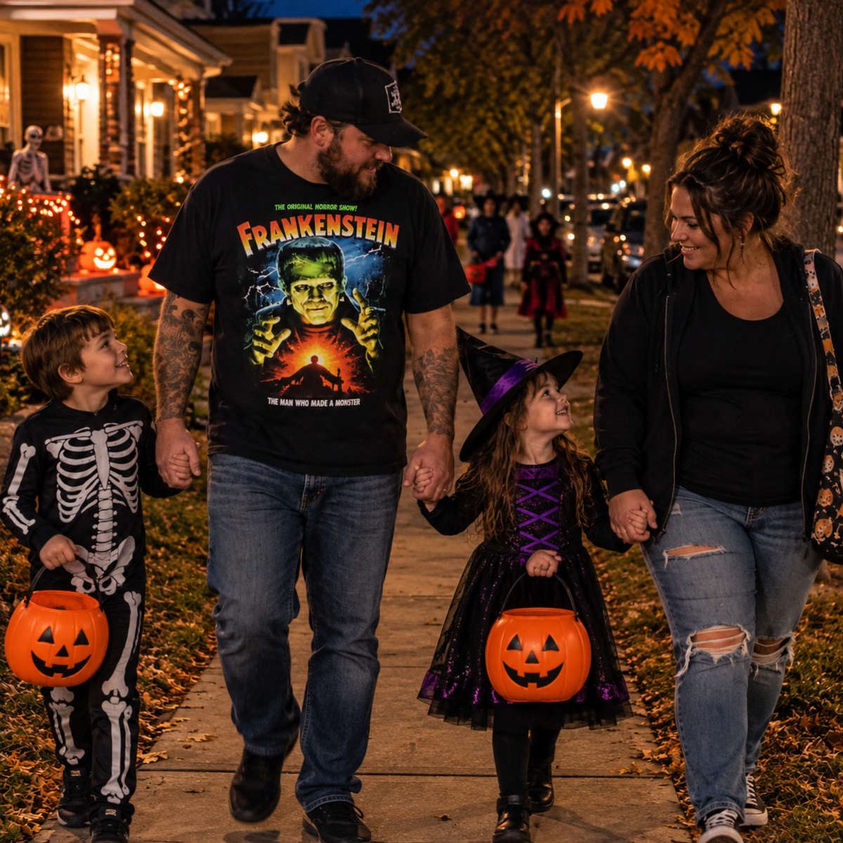 Man wearing the black Frankenstein T-shirt while trick-or-treating with his family on Halloween, featuring The Man Who Made a Monster design.