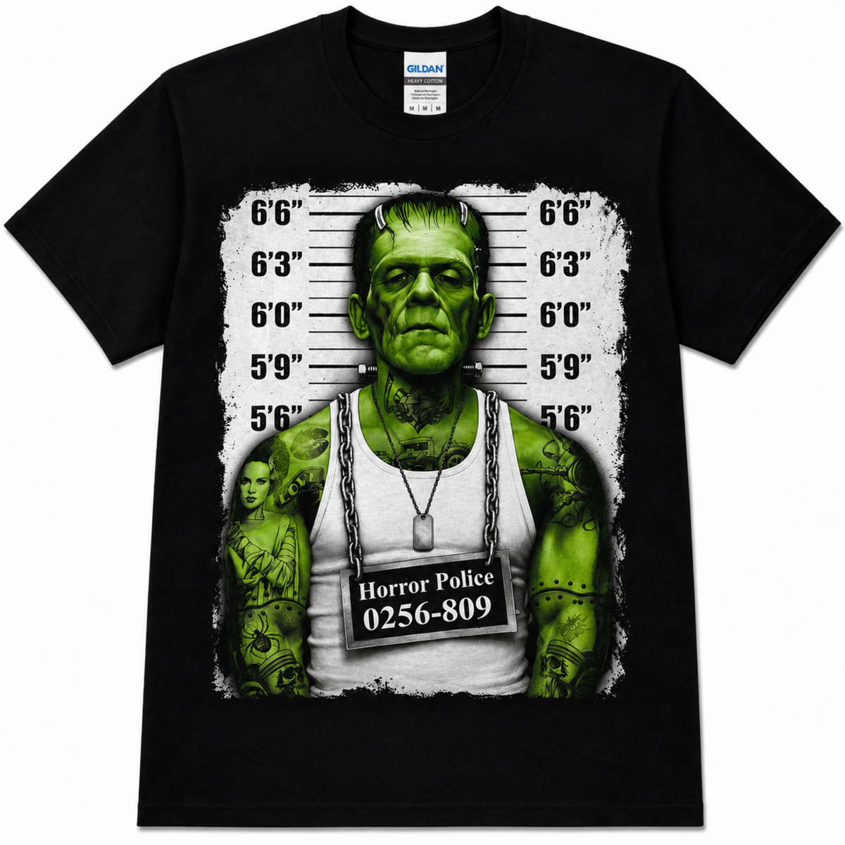 Black Frankenstein Monster Mugshot T-shirt featuring the green classic monster against a police height chart with a prisoner placard across his chest.