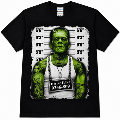 Black Frankenstein Monster Mugshot T-shirt featuring the green classic monster against a police height chart with a prisoner placard across his chest.