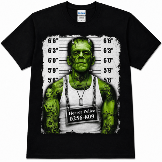 Black Frankenstein Monster Mugshot T-shirt featuring the green classic monster against a police height chart with a prisoner placard across his chest.