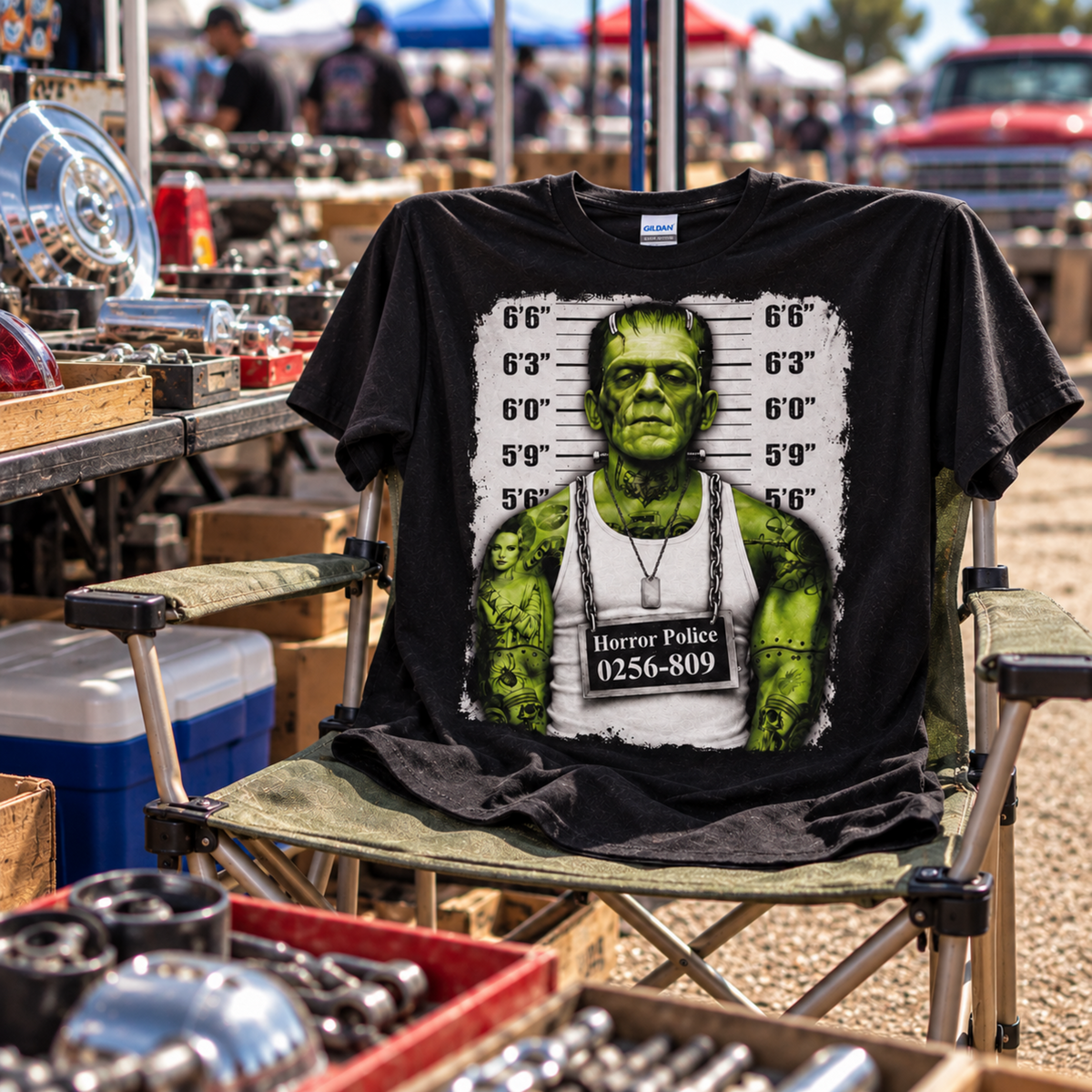 Frankenstein Monster Mugshot black T-shirt displayed on a folding chair at an outdoor swap meet surrounded by vintage auto parts—a standout classic horror design.