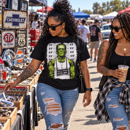 Woman wearing the Frankenstein Monster Mugshot black T-shirt while shopping with a friend at an outdoor swap meet surrounded by vintage automotive merchandise.