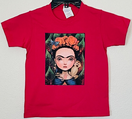 Frida Kahlo with Monkey Youth Unisex Silkscreen T-Shirt – XS–XL, red cotton tee with colorful Frida Kahlo portrait graphic.