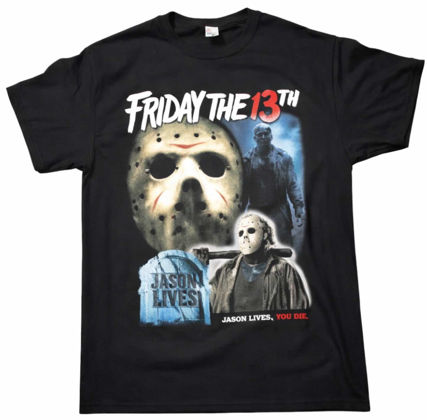 Front view of Friday the 13th Jason Lives T-shirt featuring Jason Voorhees mask and horror movie graphic silkscreen print on black cotton shirt.