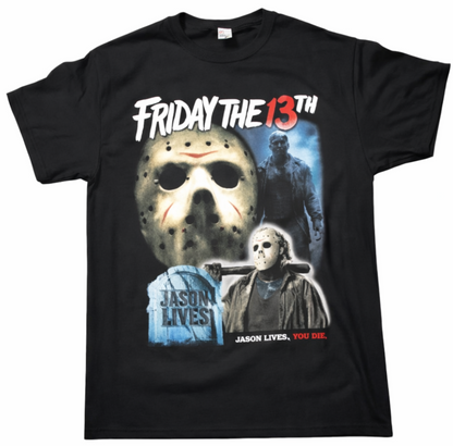 Front view of Friday the 13th Jason Lives T-shirt featuring Jason Voorhees mask and horror movie graphic silkscreen print on black cotton shirt.