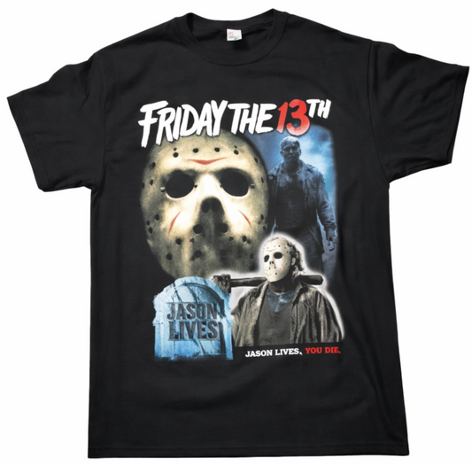 Front view of Friday the 13th Jason Lives T-shirt featuring Jason Voorhees mask and horror movie graphic silkscreen print on black cotton shirt.