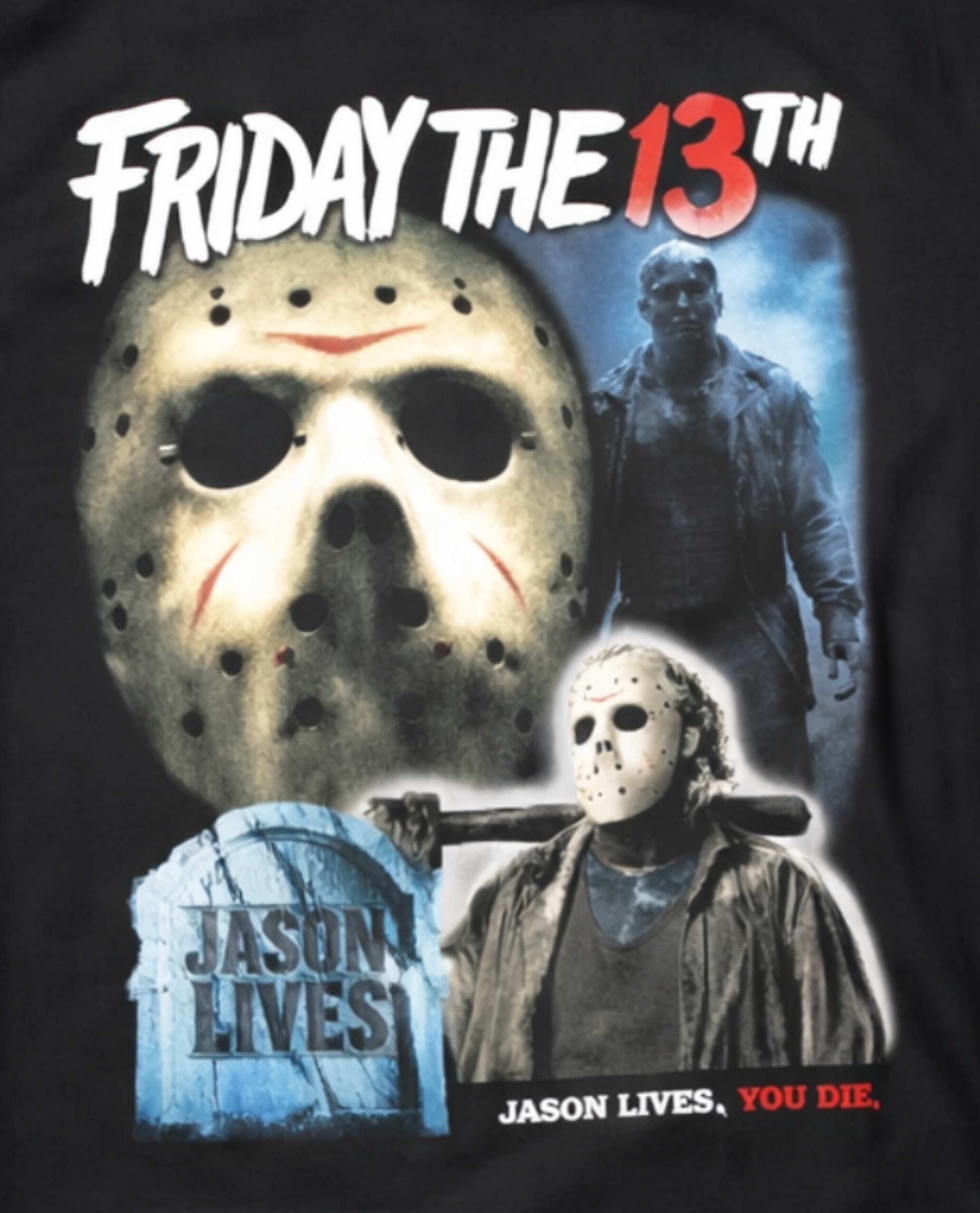 Front view of Friday the 13th Jason Lives T-shirt featuring Jason Voorhees mask and horror movie graphic silkscreen print on black cotton shirt.