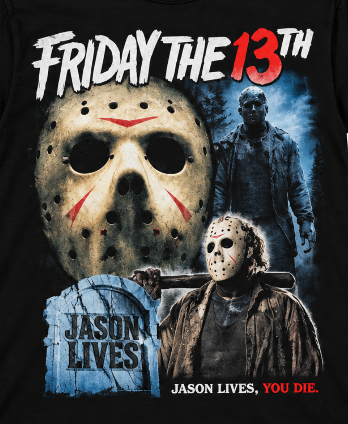 Close-up of the Friday the 13th Jason Lives T-shirt featuring Jason Voorhees emerging from his grave beneath the Friday the 13th title.
