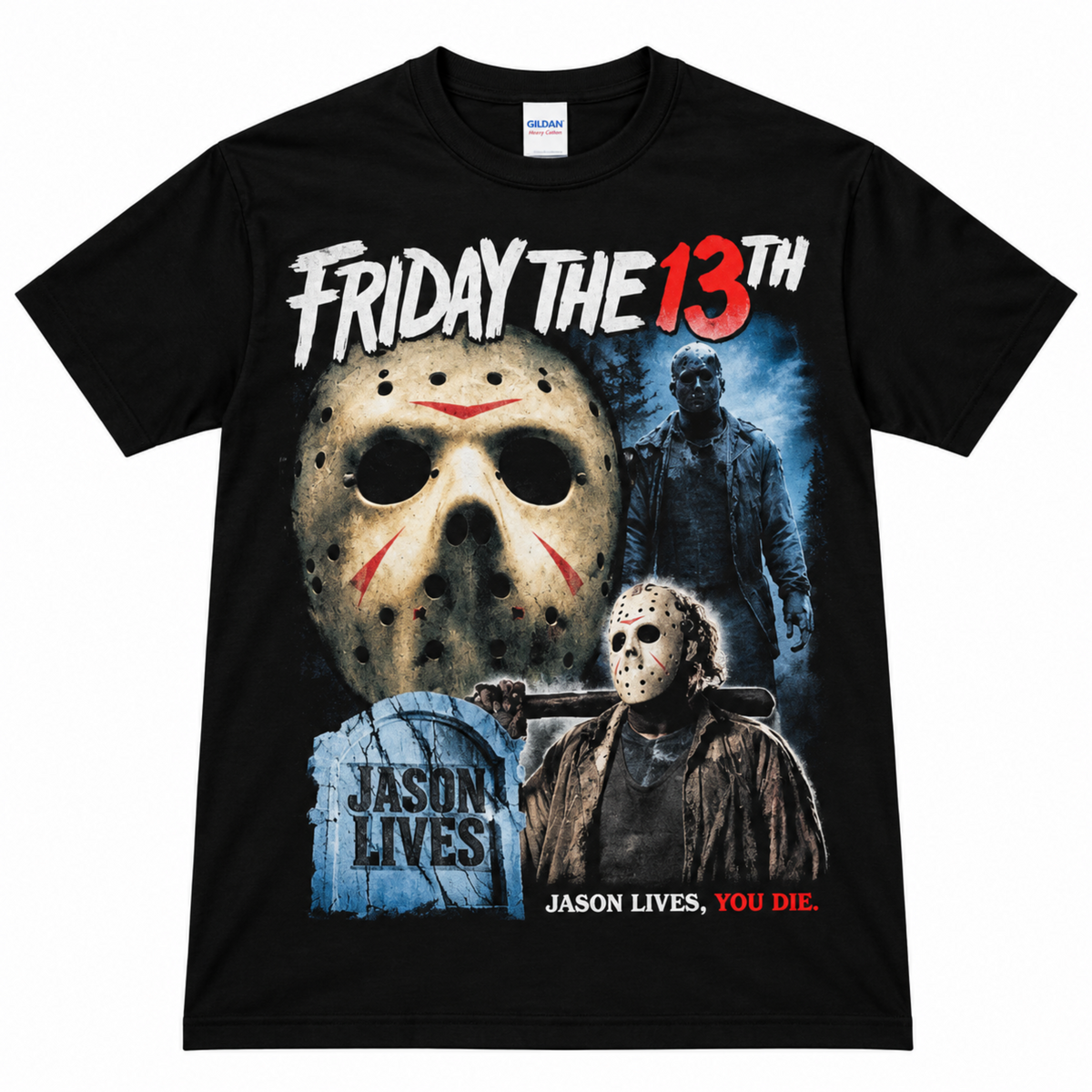 Black Friday the 13th Jason Lives graphic T-shirt featuring Jason Voorhees rising from his grave with lightning, cemetery artwork and Jason Lives tombstone.