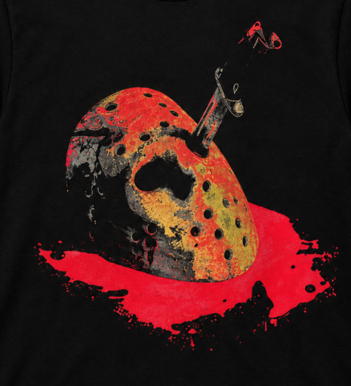 Close-up of the Friday the 13th Jason Machete Mask design with a weathered hockey mask, embedded machete and bright red pool of blood.