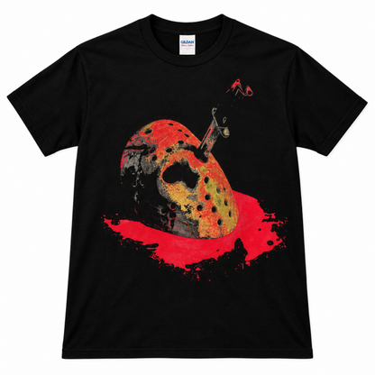 Black Friday the 13th Jason Machete Mask graphic T-shirt featuring a battered hockey mask pierced by a machete and surrounded by bright red blood.
