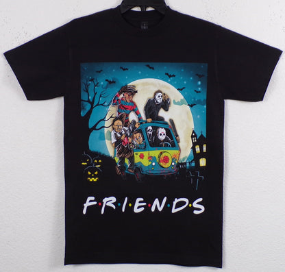 Unisex F R I E N D S Horror Mystery Machine T-shirt featuring slasher icons Freddy Krueger, Pennywise IT, Jason Voorhees, Leatherface, Chucky, Ghostface, and Michael Myers in a dynamic design.