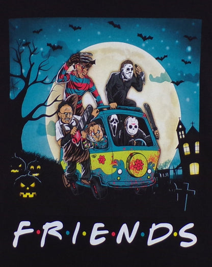 Unisex F R I E N D S Horror Mystery Machine T-shirt featuring slasher icons Freddy Krueger, Pennywise IT, Jason Voorhees, Leatherface, Chucky, Ghostface, and Michael Myers in a dynamic design.