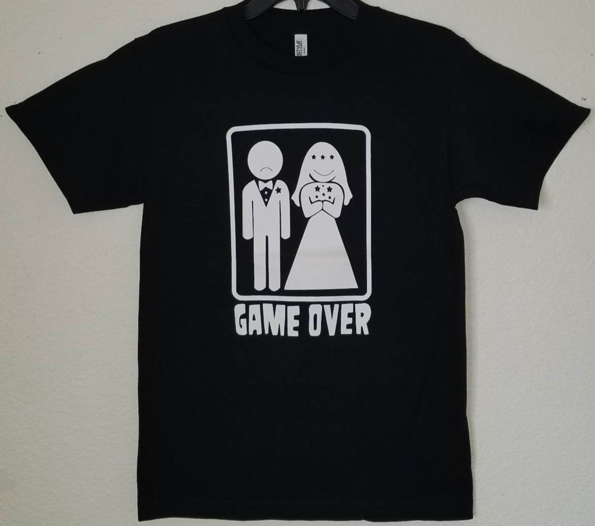 Game Over wedding funny graphic T-shirt with bride and groom icon design unisex apparel sizes S–2XL