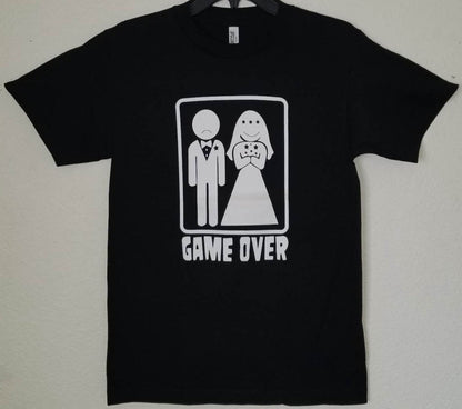 Game Over wedding funny graphic T-shirt with bride and groom icon design unisex apparel sizes S–2XL