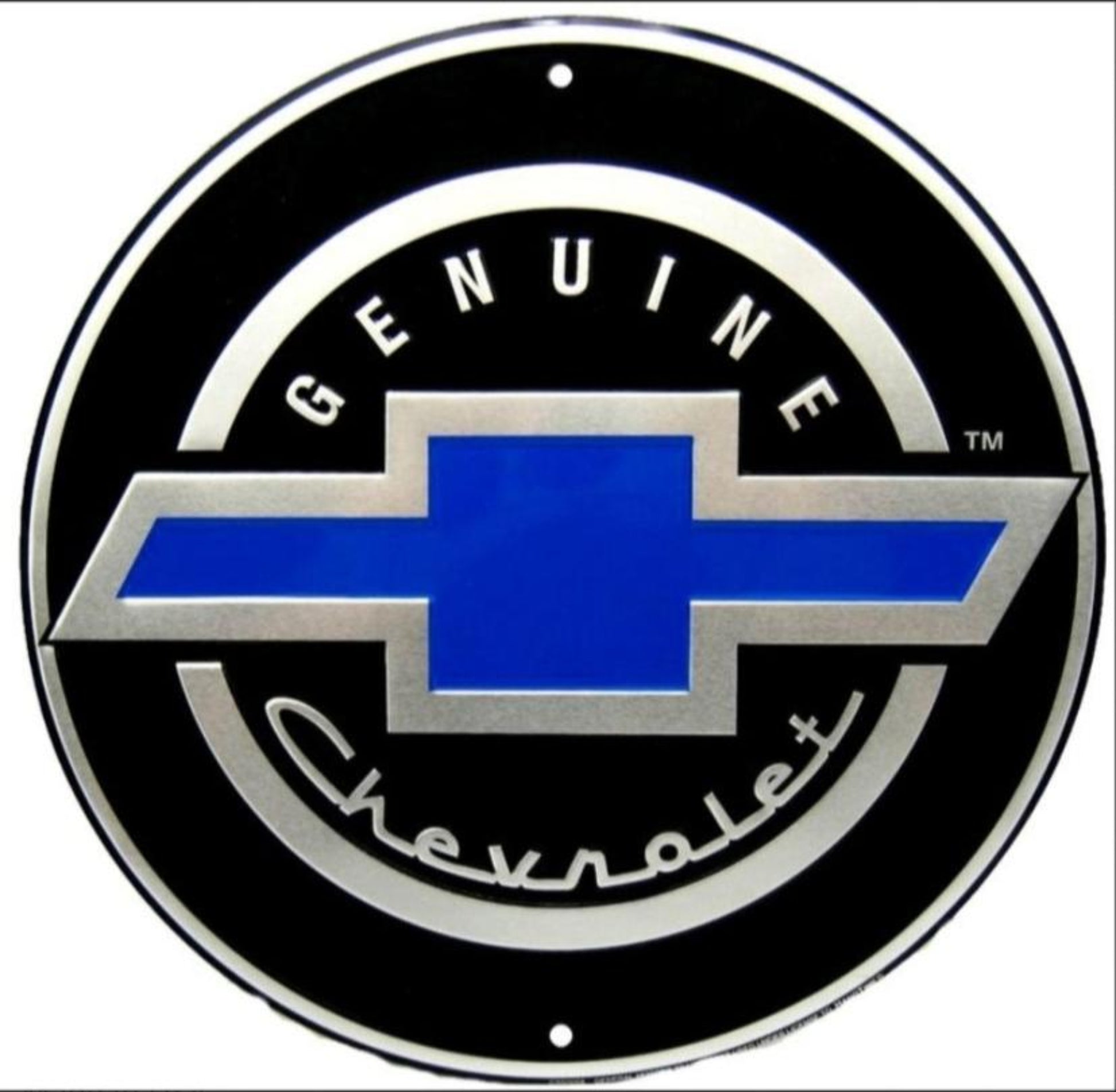 Genuine Chevrolet bowtie embossed round aluminum sign featuring the classic blue bowtie emblem, available in 12 inch and 24 inch diameter, ideal for garage décor.