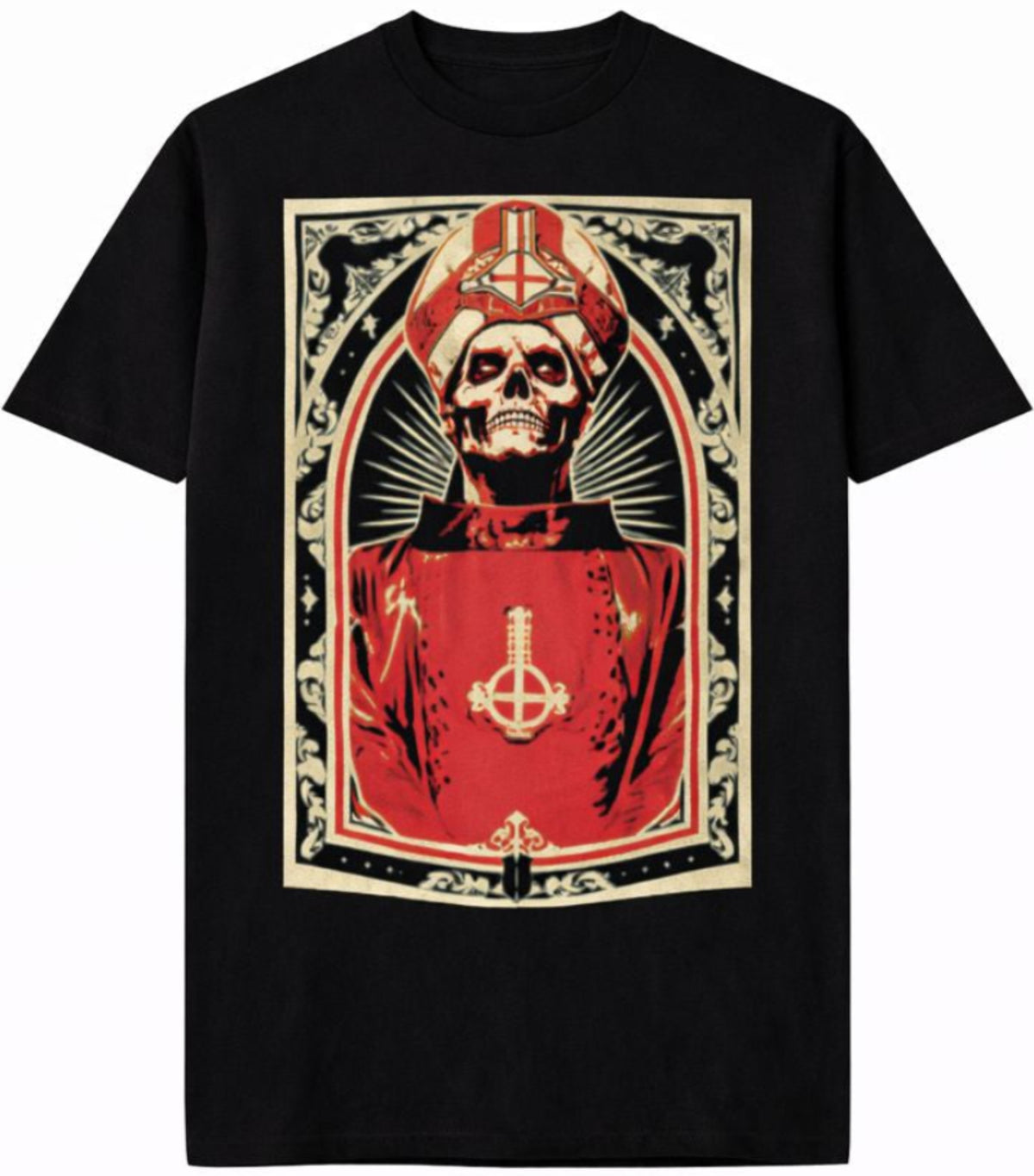 Black “Ghost – Papa Emeritus I” unisex T-shirt featuring red and black gothic artwork inspired by the band’s debut era, Small–3XL.