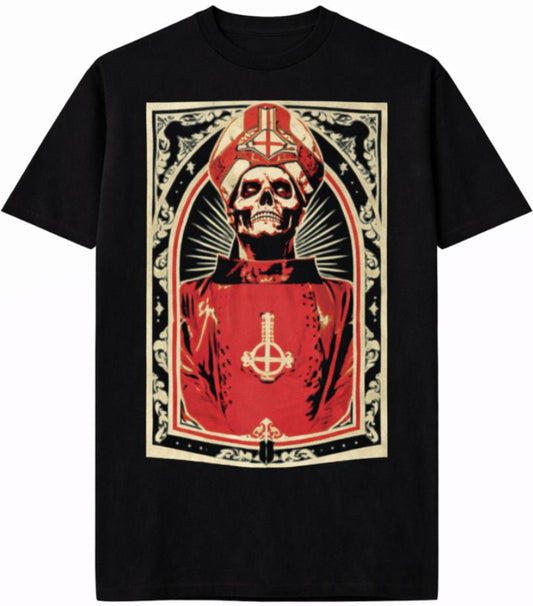 Black “Ghost – Papa Emeritus I” unisex T-shirt featuring red and black gothic artwork inspired by the band’s debut era, Small–3XL.
