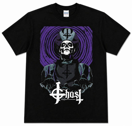 Ghost Papa Emeritus III Cathedral graphic T-shirt with purple spiral cathedral background on black shirt unisex sizes S–3XL