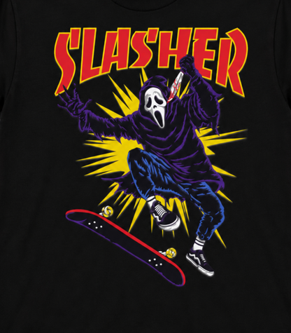 Close-up of Ghostface Slasher Kickflip artwork featuring Ghostface performing a skateboard trick beneath bold red-and-yellow Slasher lettering.