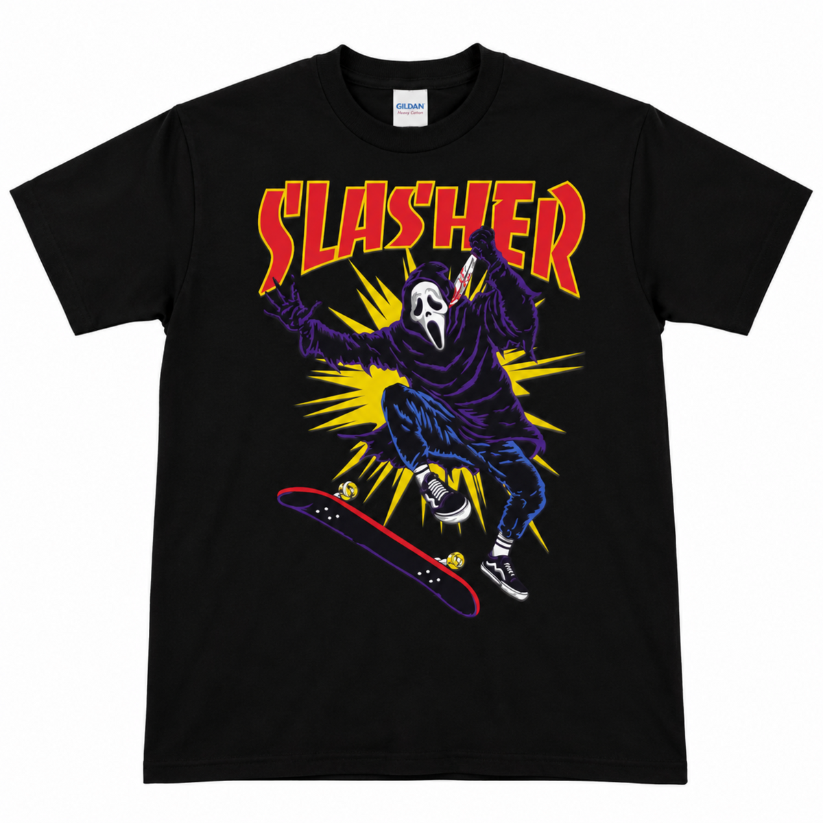 Ghostface Slasher Kickflip black graphic T-shirt featuring the masked horror character airborne over a skateboard with bold red, yellow and purple artwork.