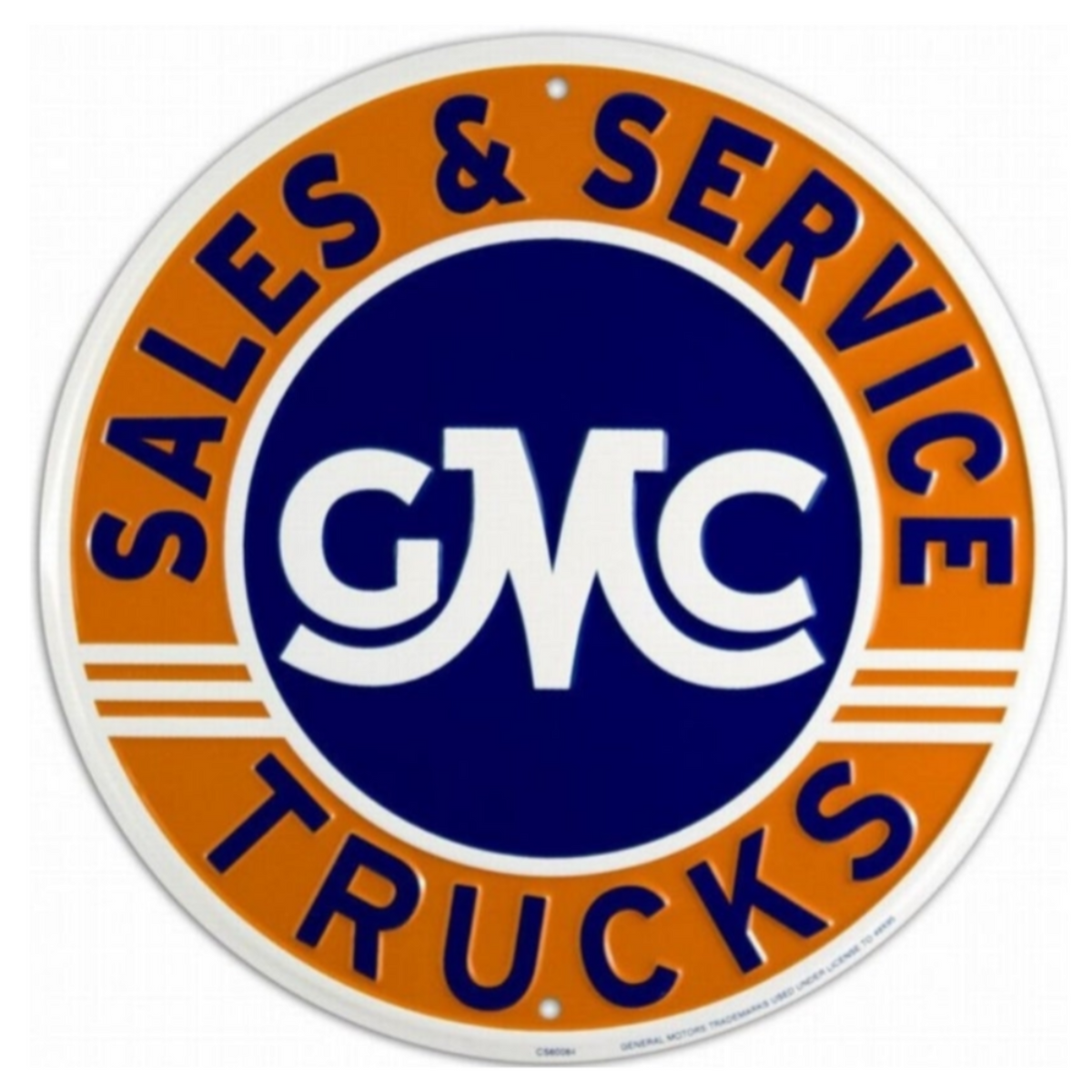 GMC Trucks Sales & Service embossed round aluminum sign in orange, blue, and white, available in 12" and 24" diameters.