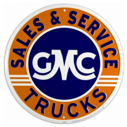 GMC Trucks Sales & Service embossed round aluminum sign in orange, blue, and white, available in 12" and 24" diameters.